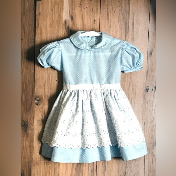 Vintage Handmade Baby Girls 12 Month* Blue Ruffled A-Line Polka Dot Dresses Lot - Picture 4 of 9